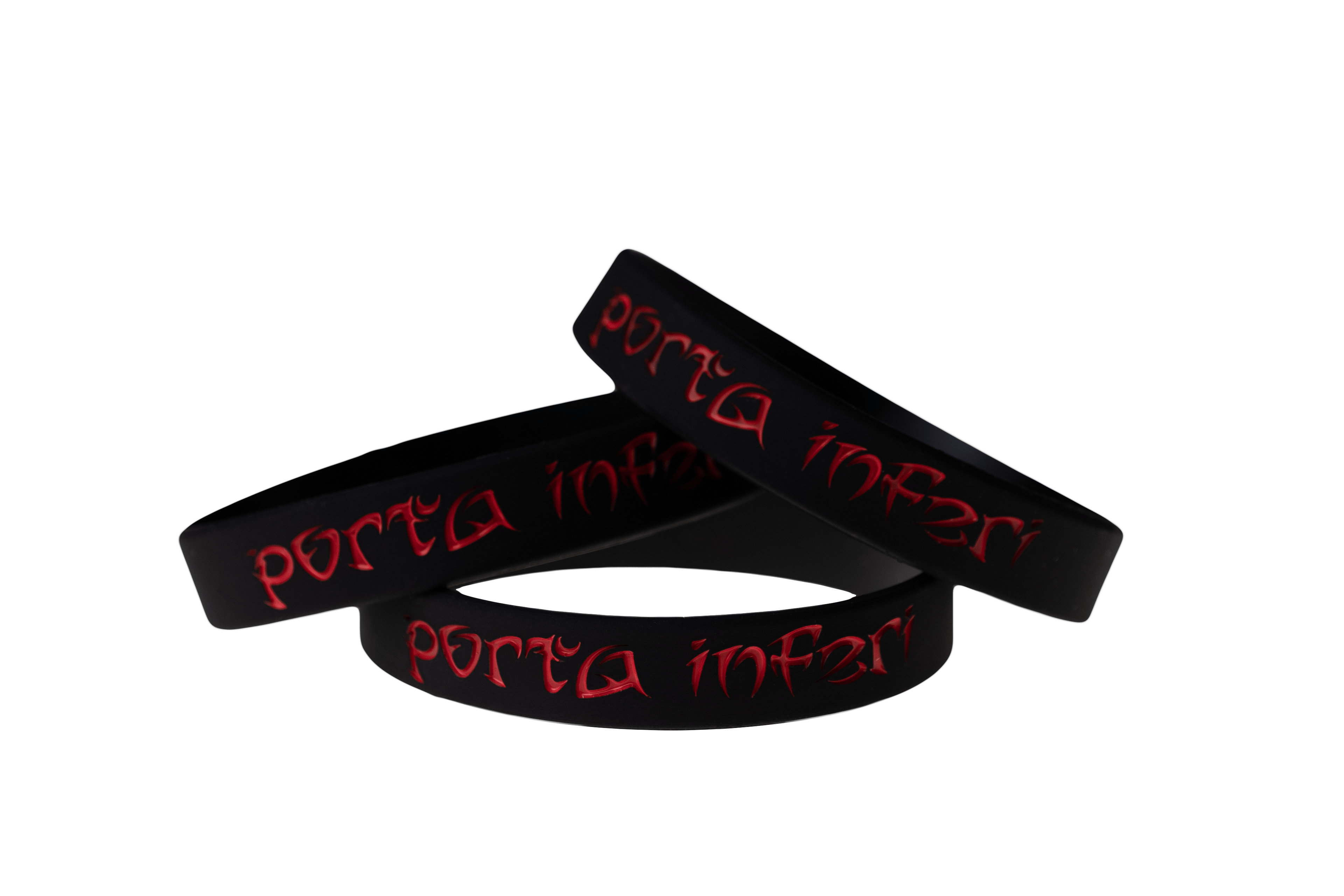 Silikonové náramky se jménem metalové kapely Porta Inferi s jednobarevným debossem